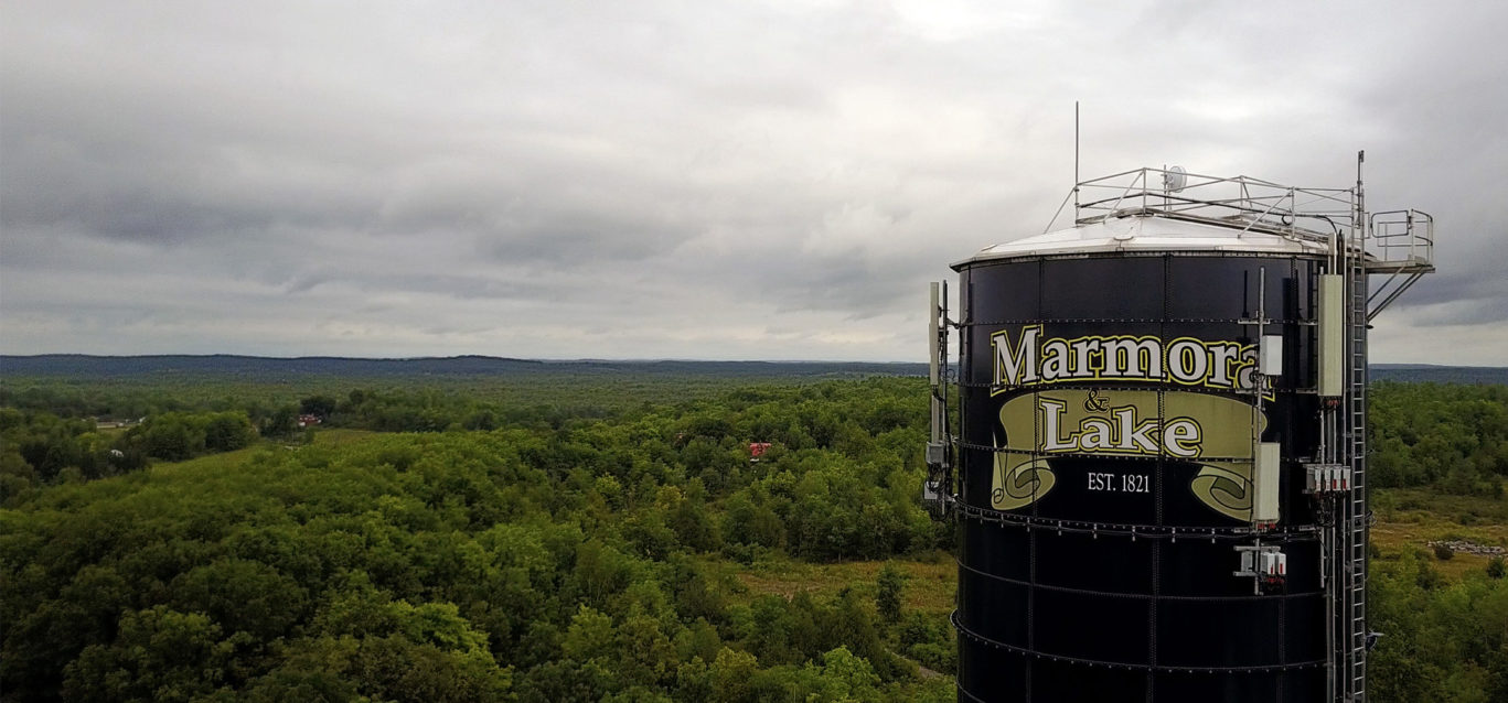 A view of the forest near Marmora Lake with a water tower in the foreground.